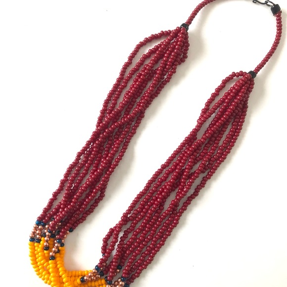 Handmade boho tribal necklace red, Prussian blue and marigold, 22” - Picture 2 of 6